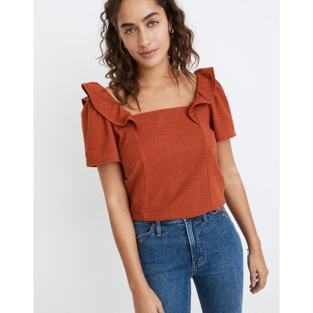 Madewell Crosshatch Ruffled Top XL Rust Textured Square Neck Peasant Boho